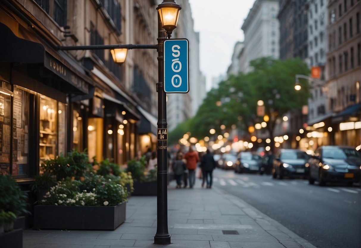 A bustling city street with well-lit sidewalks and friendly locals. Street signs and landmarks indicate a safe and welcoming environment for solo female travelers