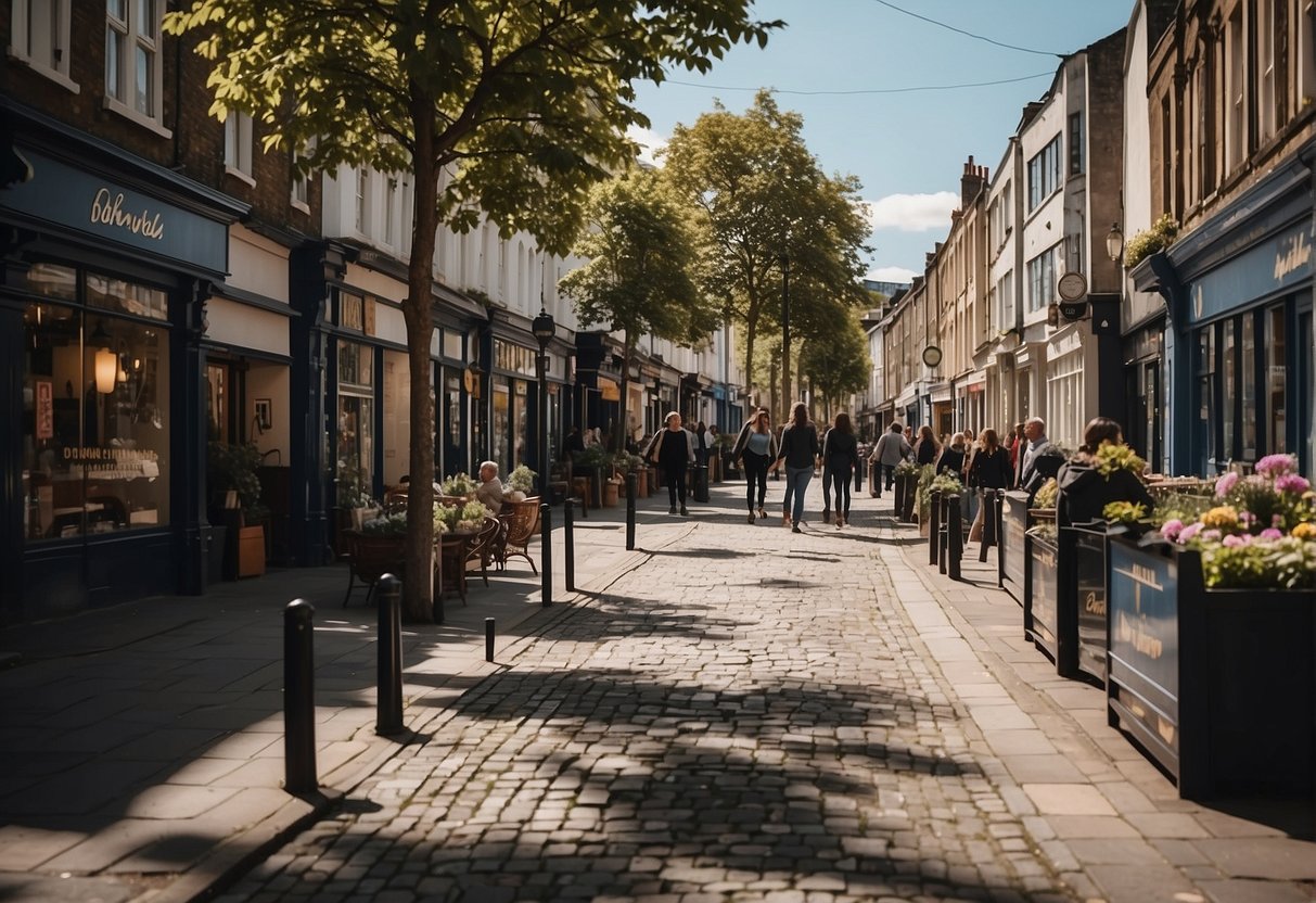 A bustling street in Bristol, with well-lit sidewalks and friendly locals, showcasing a safe and welcoming environment for solo female travelers
