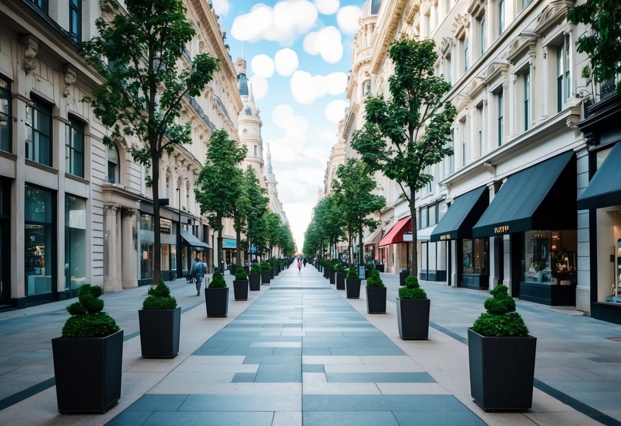 A bustling street with grand buildings, trees, and stylish storefronts lining the sidewalks