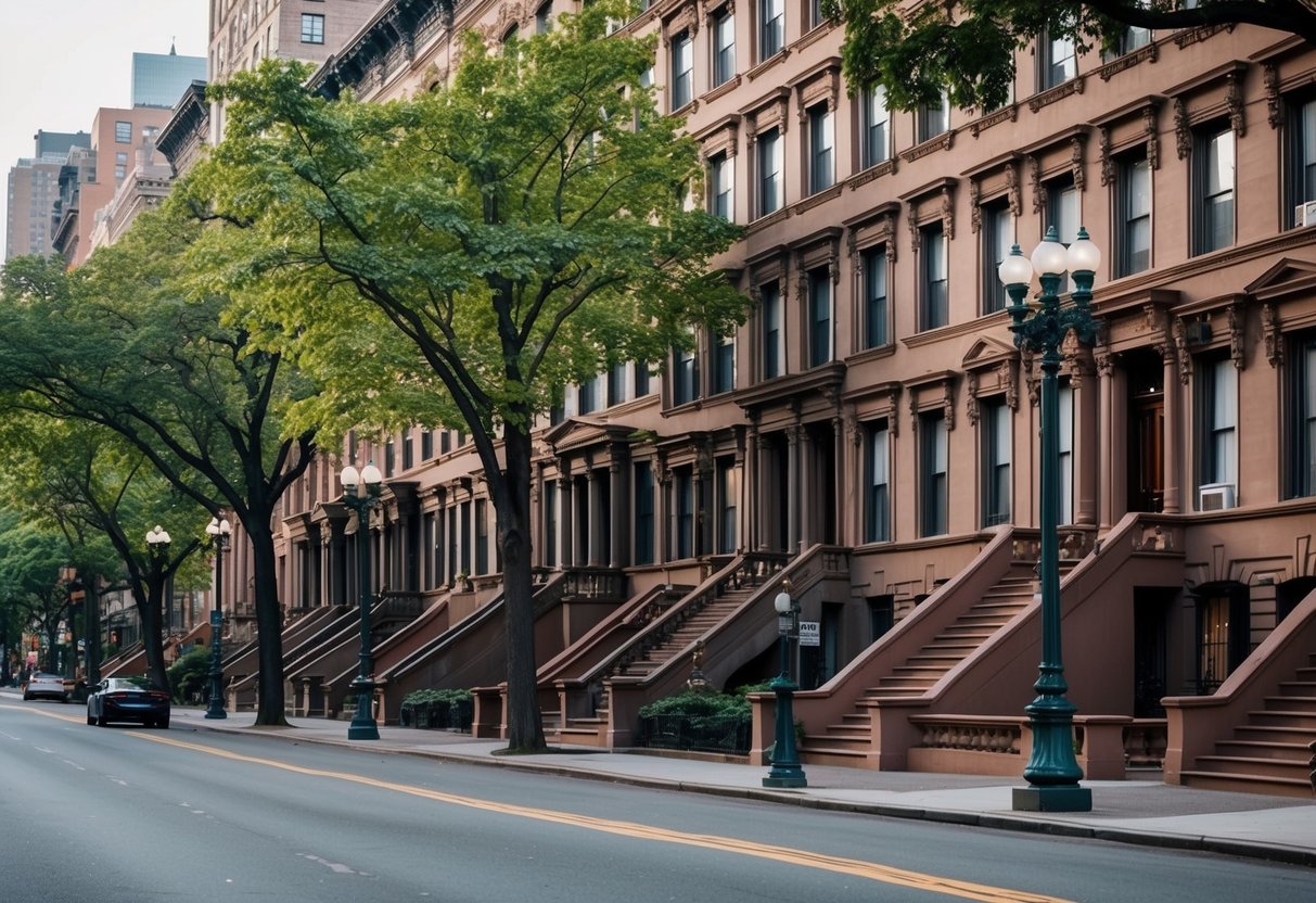 A tree-lined street with elegant brownstone buildings and vintage street lamps, showcasing the charm and beauty of Park Avenue in New York City