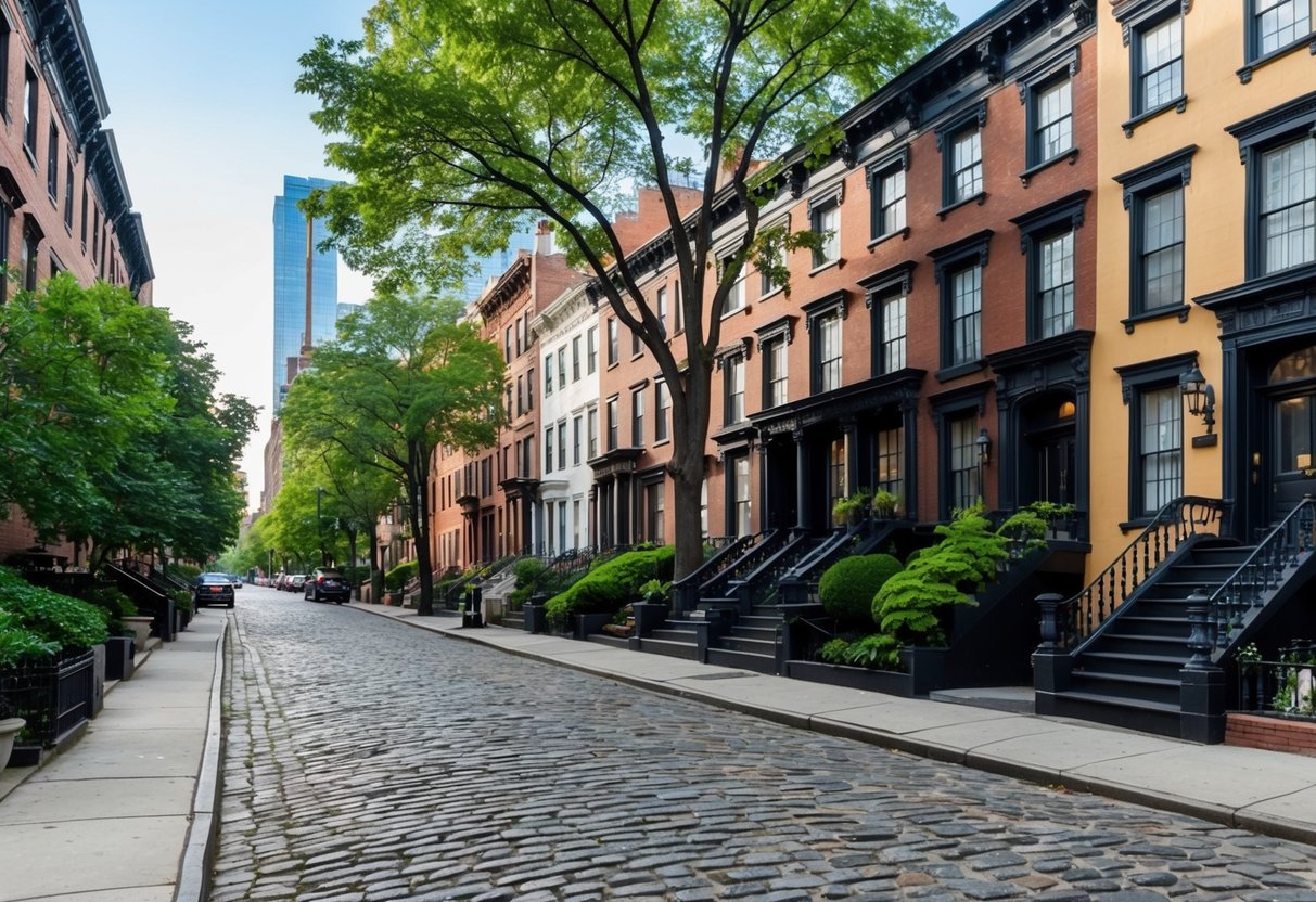 A charming cobblestone street lined with historic brownstones and lush trees in Greenwich Village