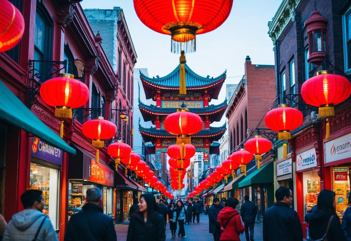 A bustling Chinatown street with vibrant red lanterns, colorful storefronts, and ornate architectural details